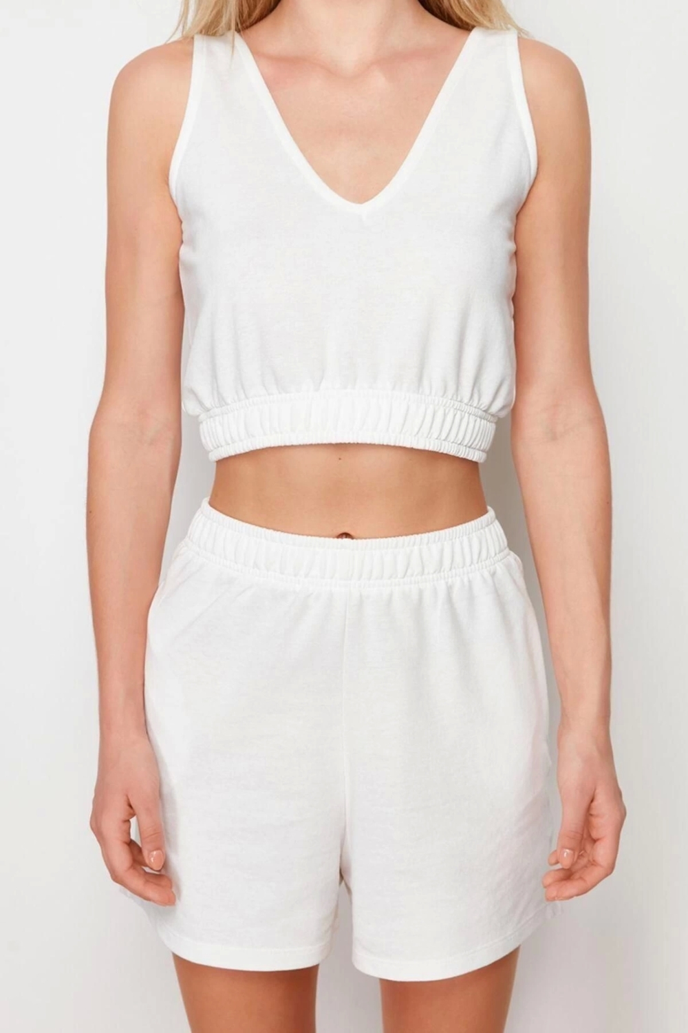 Moda Örme Yüksek Bel Düz V Yaka Casual Günlük V Yaka Lastikli Crop Örme Alt-Üst Takım
