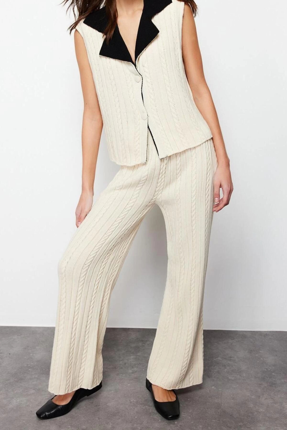 Moda Triko Renk Bloklu Polo Yaka Casual Günlük Ekru Ceket Yaka Örgü Detaylı Triko Alt-Üst Takım