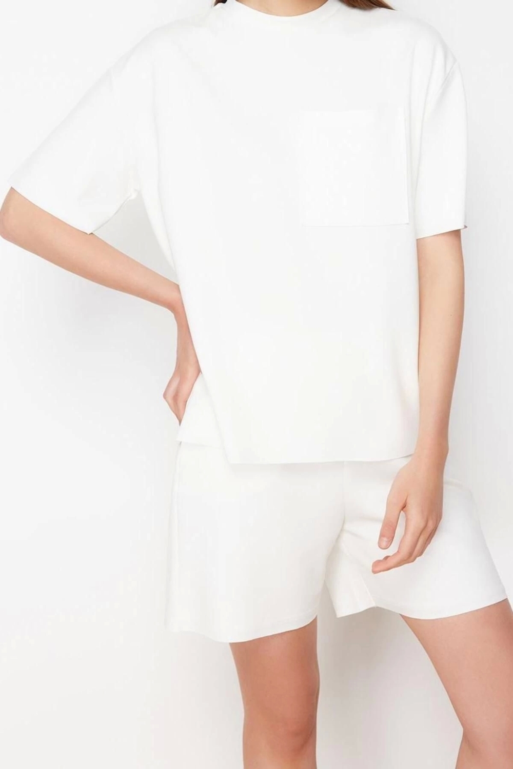 Moda Bisiklet Yaka Düşük Kol Ekru Premium Cep Detaylı Oversize Geniş Kalıp Esnek Örme Alt-Üst Takım