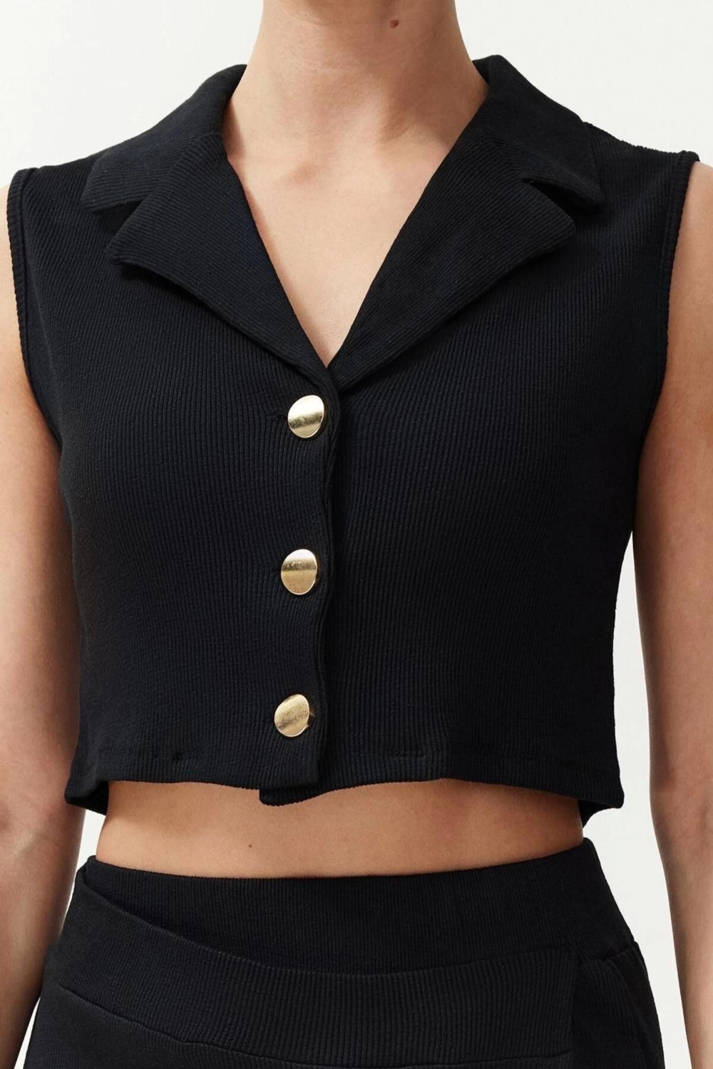 Moda Örme Düğmeli Yaka Casual Günlük Siyah Kruvaze Kapama Kolsuz Fitilli Esnek Örme Alt-Üst Takım