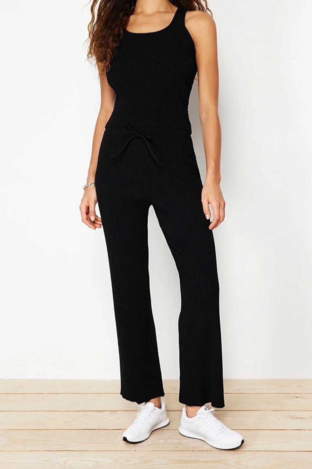 Moda Triko Düz Kare Yaka Casual Günlük Siyah Premium Özel İplikli Triko Alt-Üst Takım