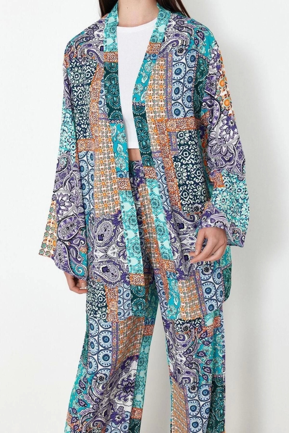 Moda Şal Desen V Yaka Günlük Şal Desen Kimono ve Wide Leg Geniş Paça Viskon Dokuma Alt Üst Takım