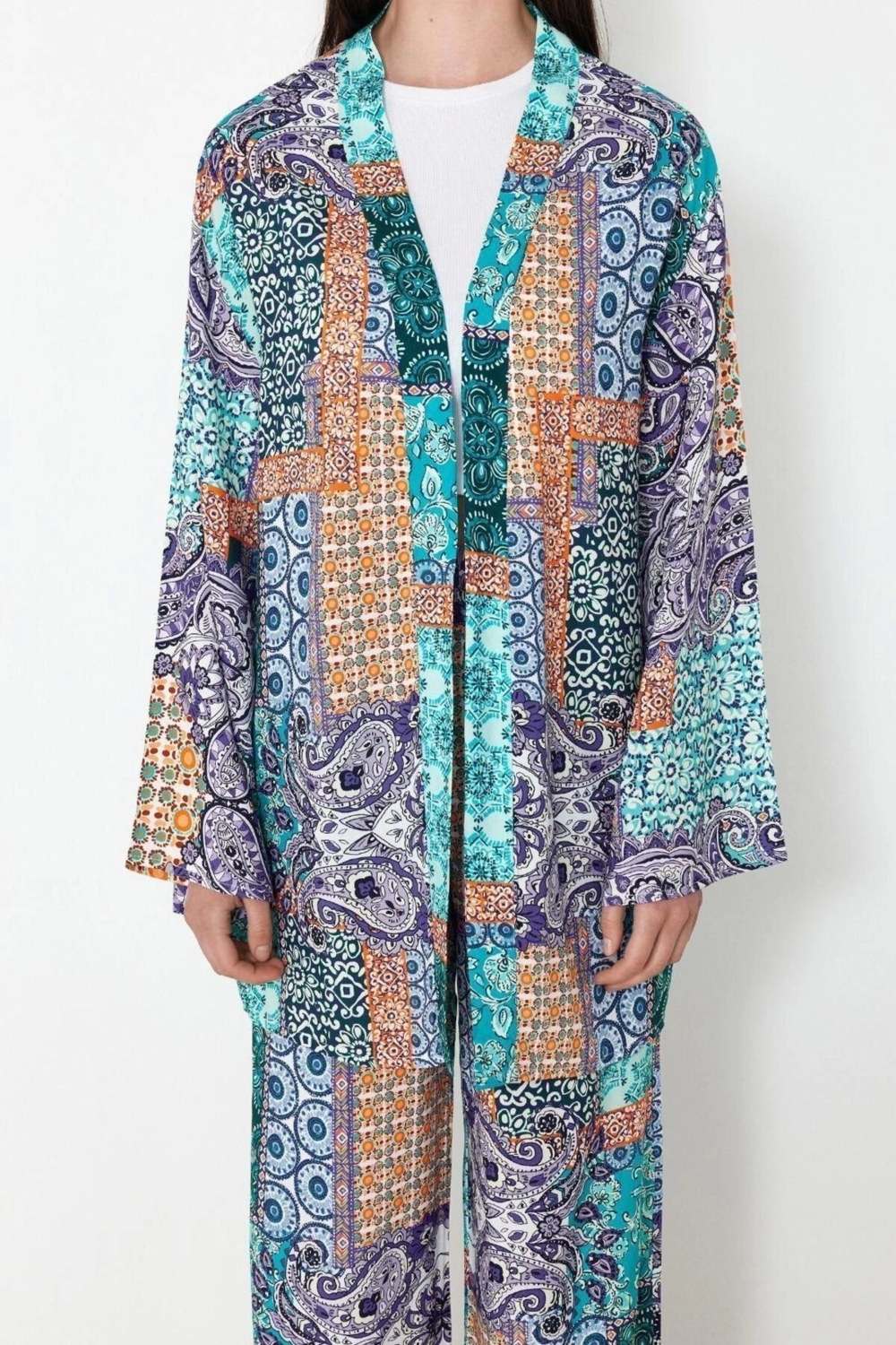 Moda Şal Desen V Yaka Günlük Şal Desen Kimono ve Wide Leg Geniş Paça Viskon Dokuma Alt Üst Takım