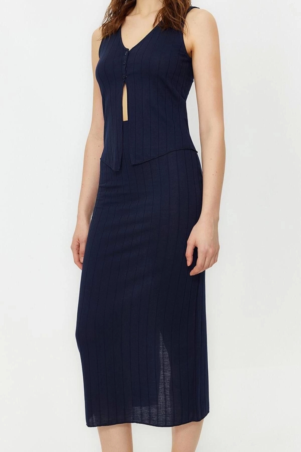 Moda Yüksek Bel Düz V Yaka Casual Günlük Fitilli Düğme Detaylı Esnek Midi Etekli Örme Alt-Üst Takım