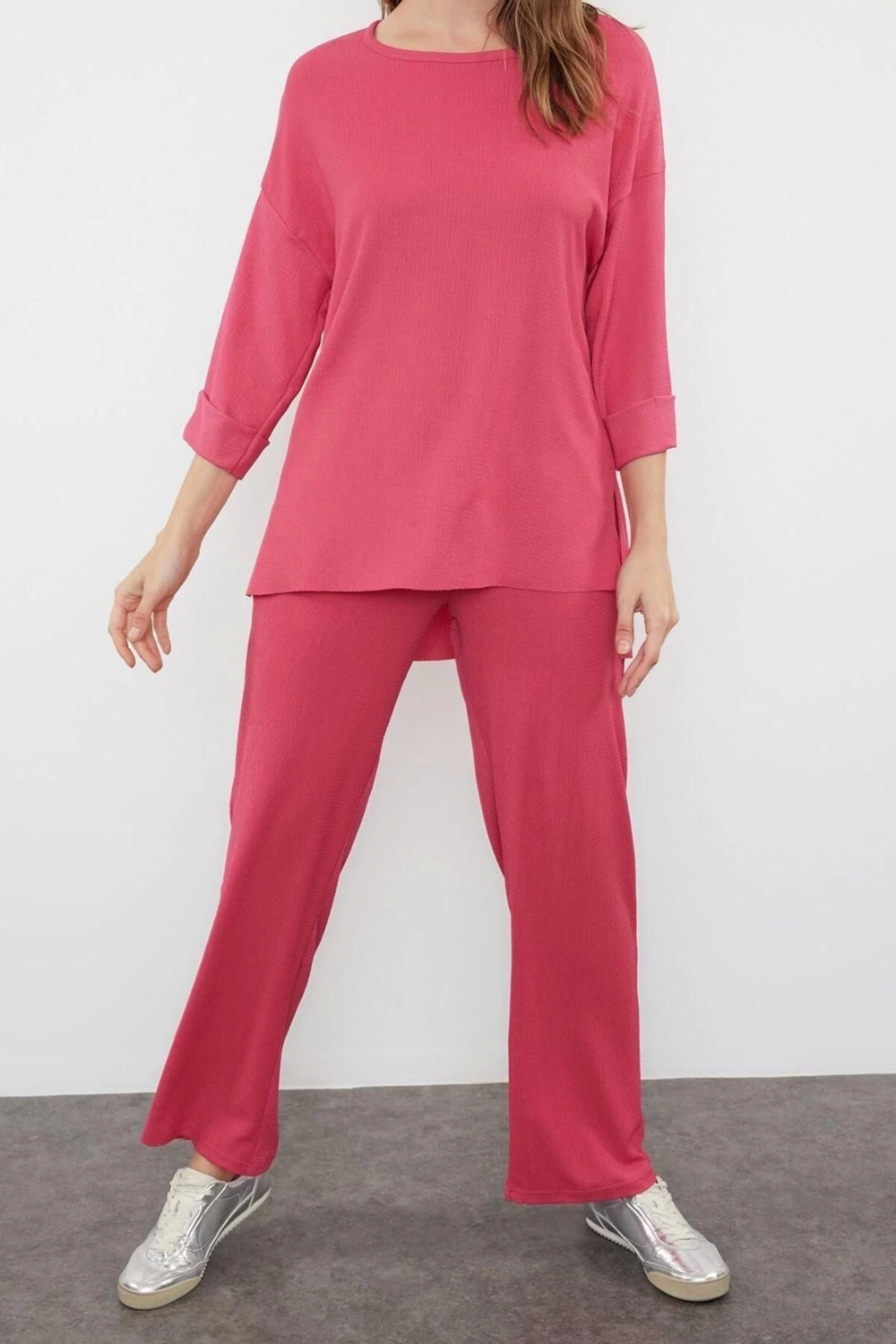 Moda Örme Düz Bisiklet Yaka Casual Günlük Fuşya Regular Örme Alt-Üst Takım