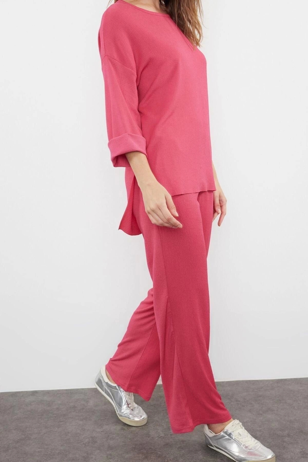 Moda Örme Düz Bisiklet Yaka Casual Günlük Fuşya Regular Örme Alt-Üst Takım