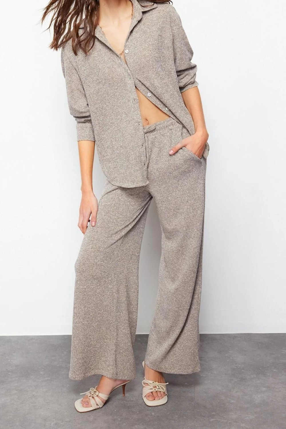 Moda Triko Düz Polo Yaka Casual Günlük Yazlık İnce Triko Alt-Üst Takım