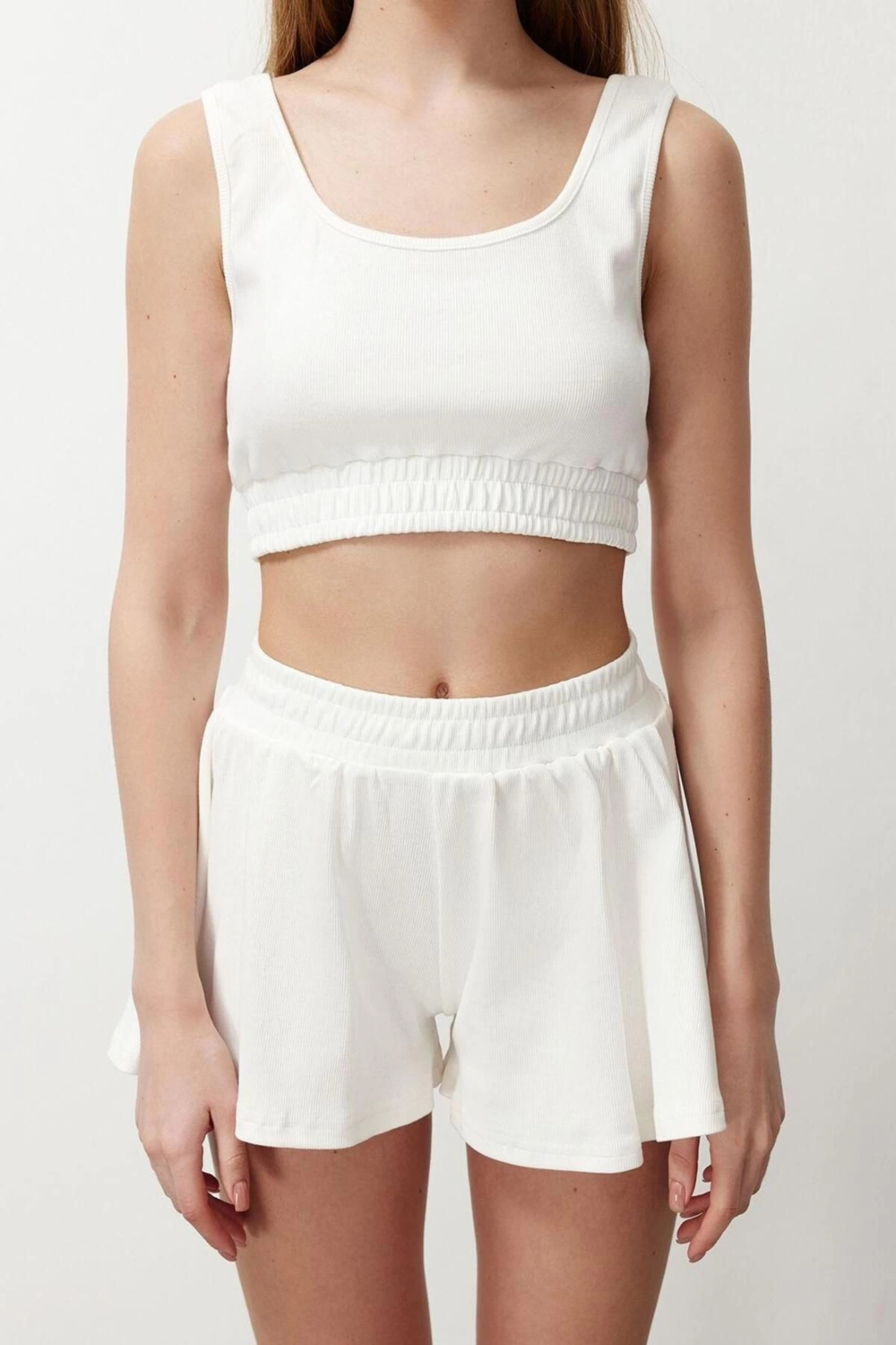 Moda Örme Düz Bisiklet Yaka Casual Günlük Beyaz Örme Alt-Üst Takım