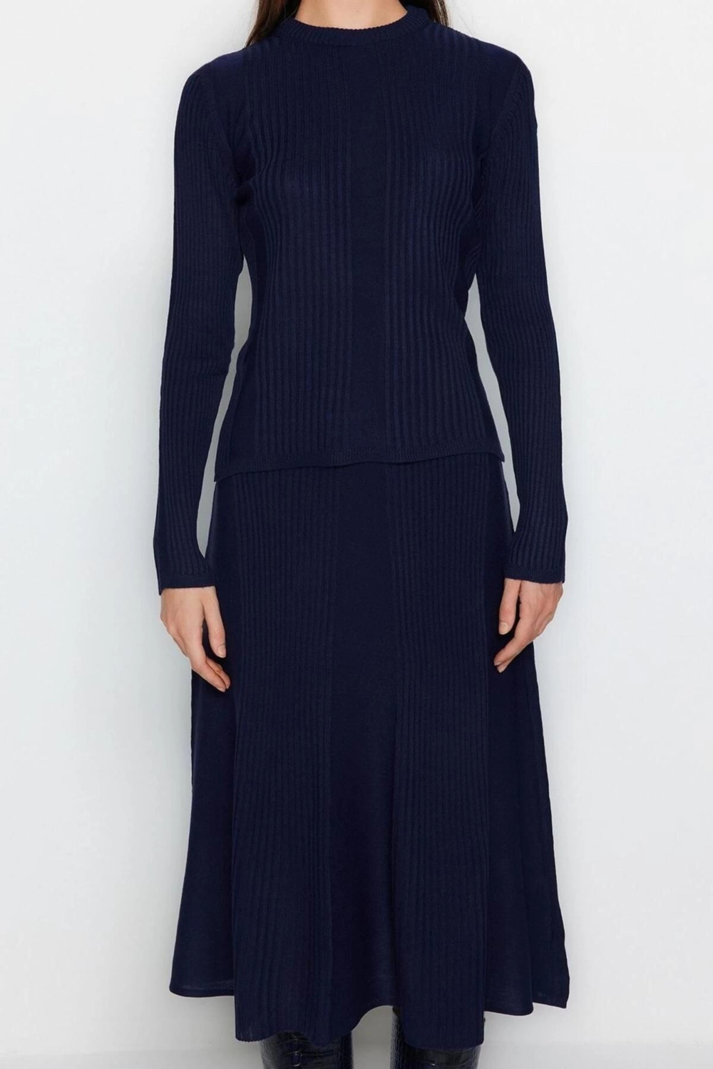 Moda Triko Düz Bisiklet Yaka Casual Günlük Etekli Fitilli Triko Alt-Üst Takım