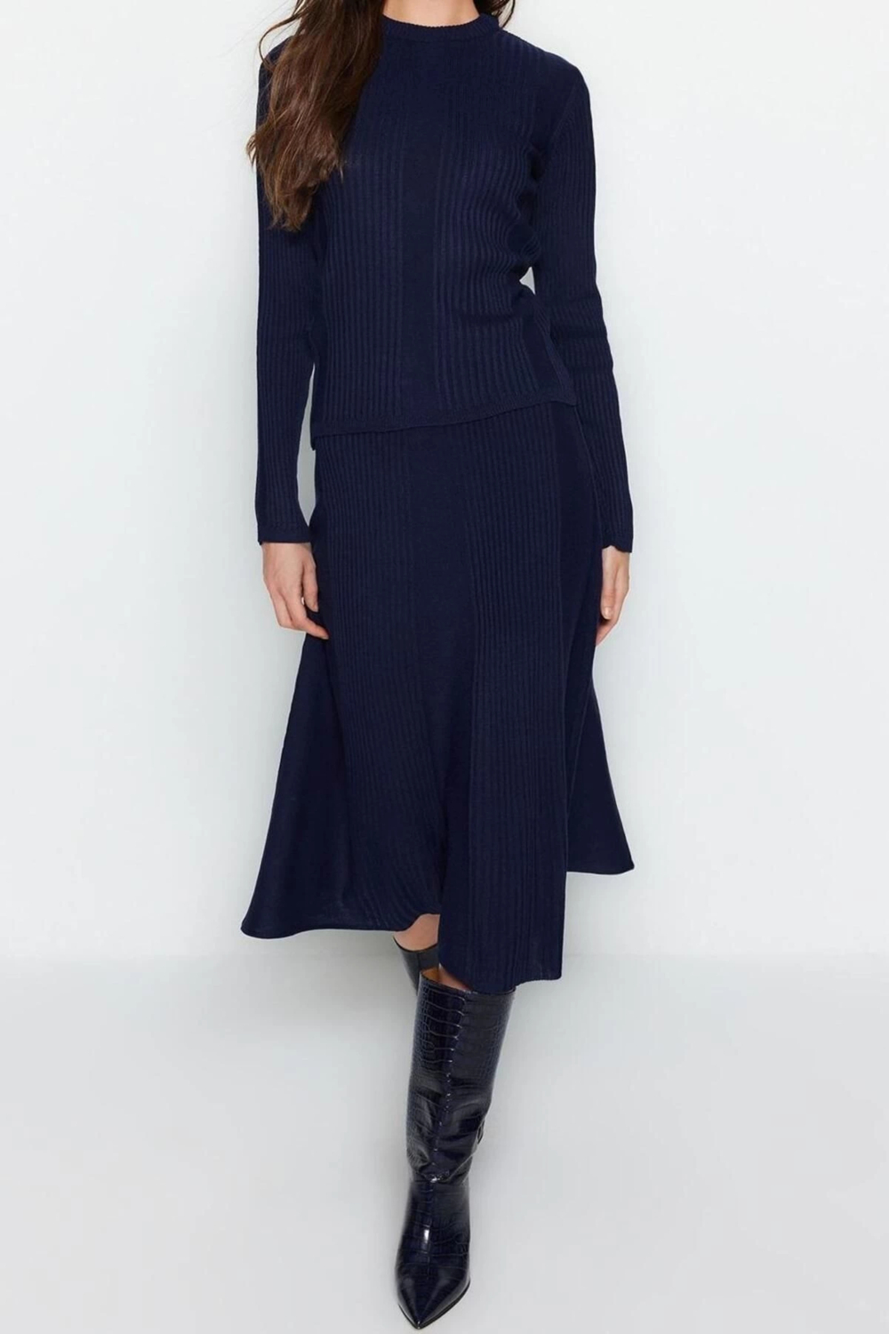 Moda Triko Düz Bisiklet Yaka Casual Günlük Etekli Fitilli Triko Alt-Üst Takım
