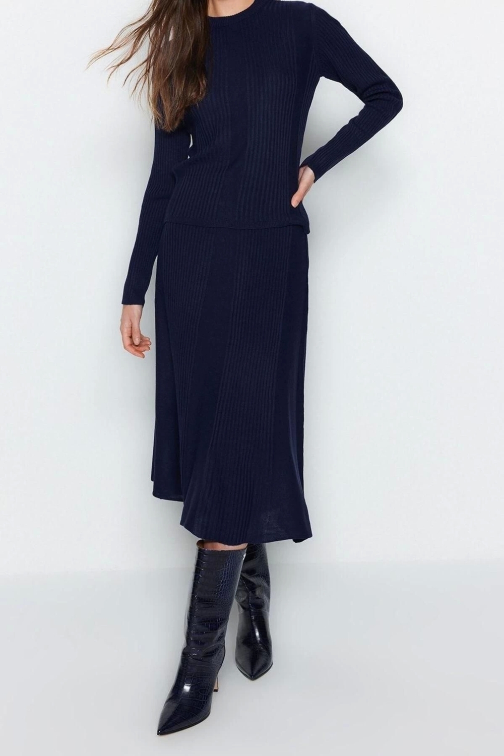Moda Triko Düz Bisiklet Yaka Casual Günlük Etekli Fitilli Triko Alt-Üst Takım
