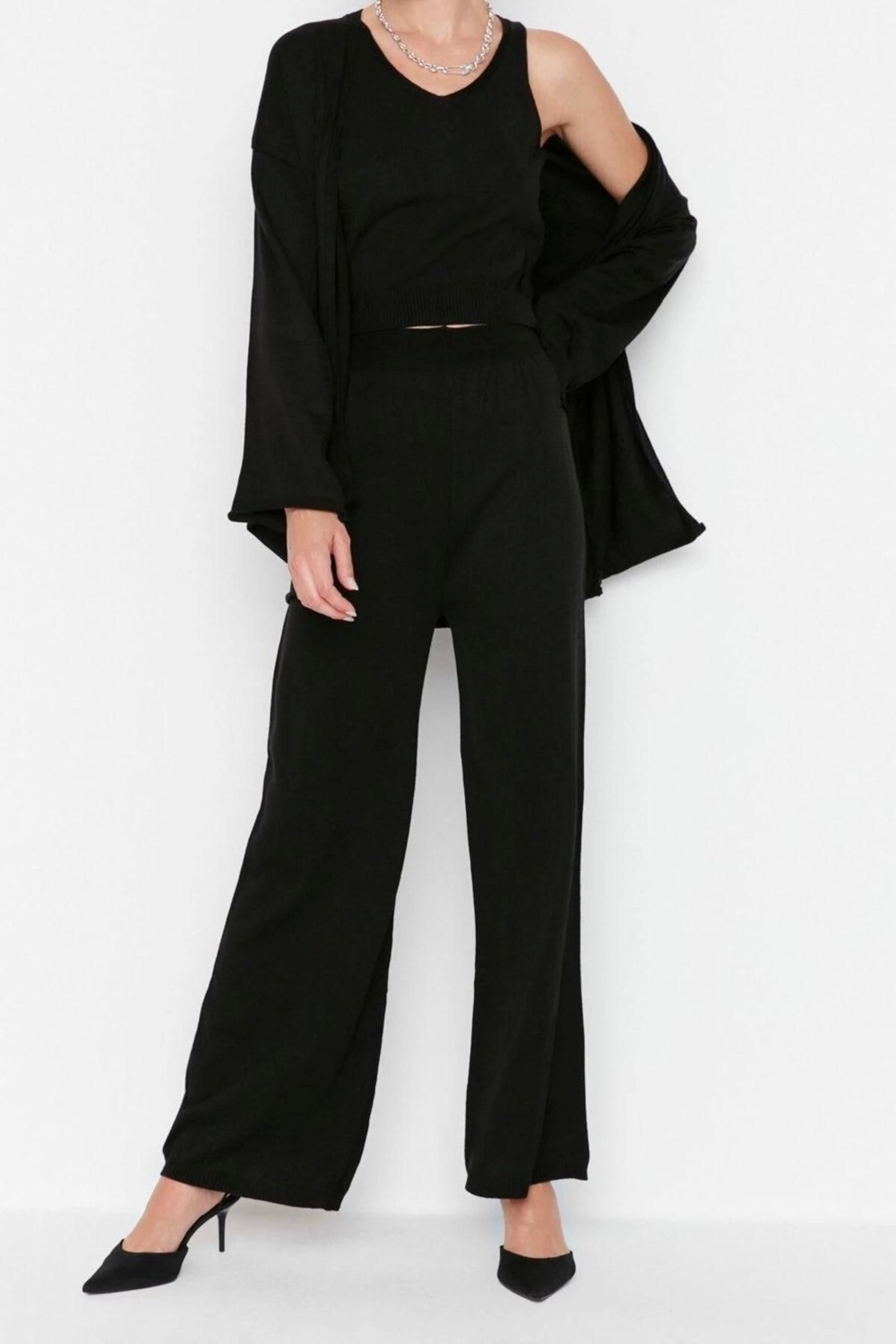 Moda Yüksek Bel Düz Bisiklet Yaka Casual Günlük Siyah Üçlü Takım Oversize Triko Alt-Üst Takım