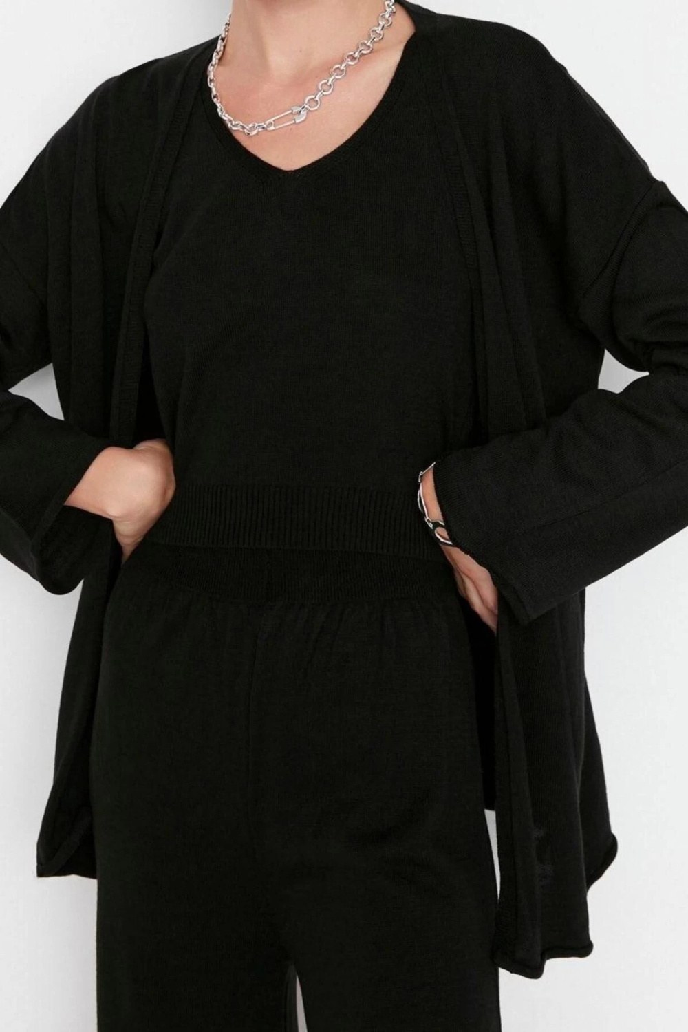 Moda Yüksek Bel Düz Bisiklet Yaka Casual Günlük Siyah Üçlü Takım Oversize Triko Alt-Üst Takım