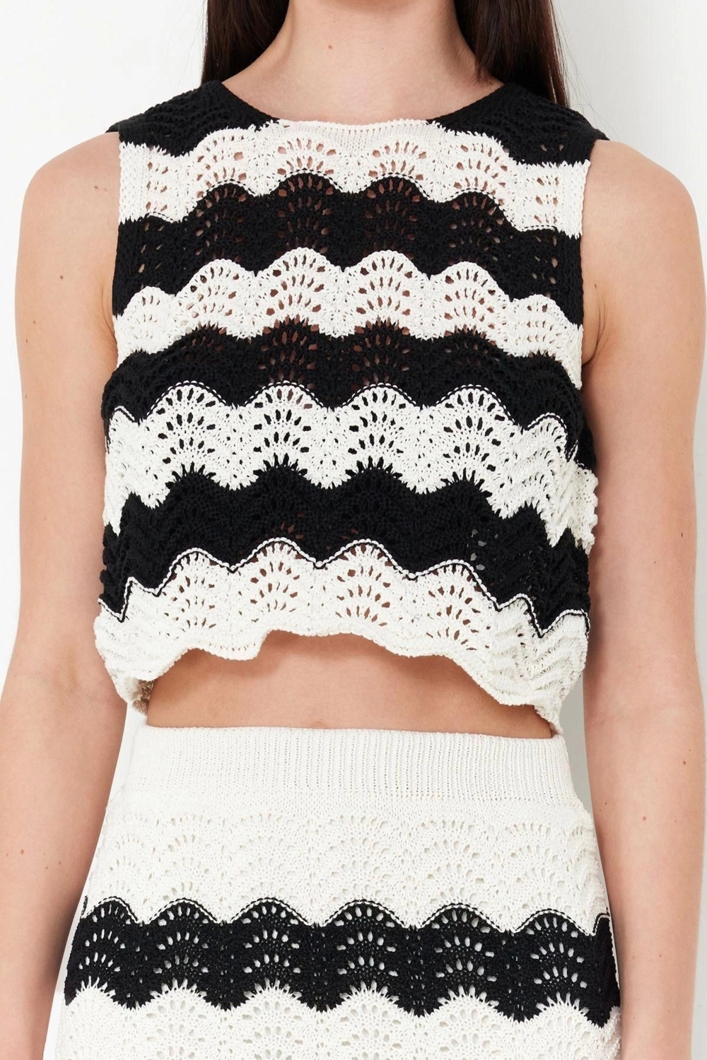 Moda Triko Çizgili Bisiklet Yaka Casual Günlük Ekru Triko Alt-Üst Takım