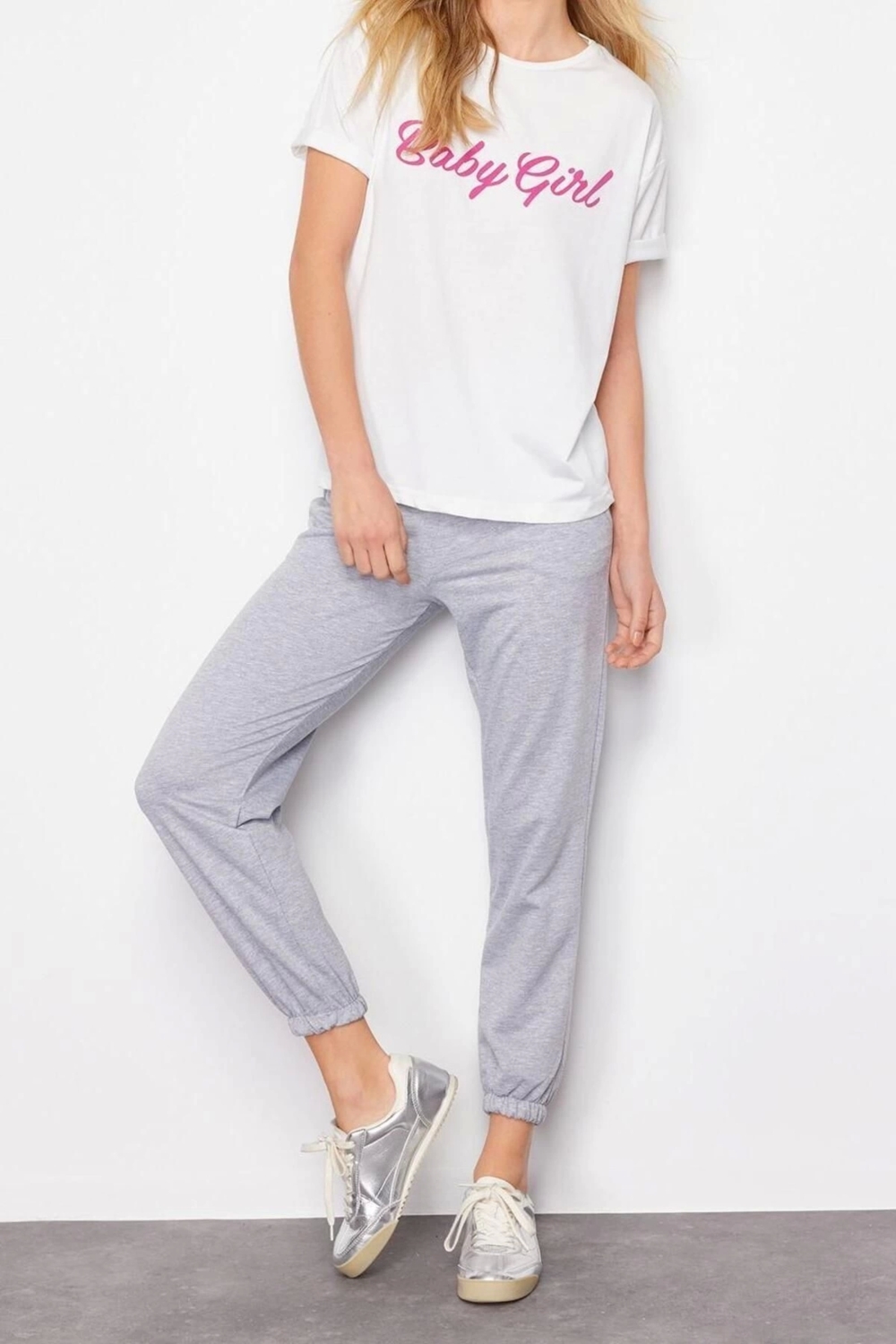 Moda Slogan Bisiklet Yaka Casual Günlük Yeşil Slogan Baskılı Basic Jogger Örme Örme Alt-Üst Takım