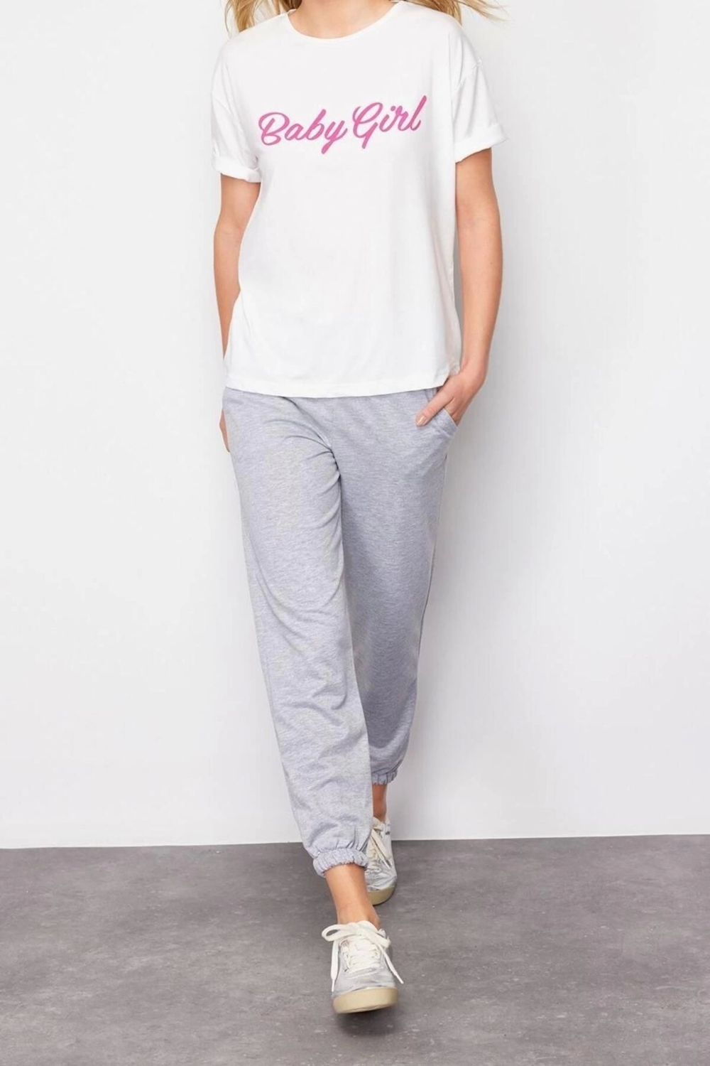 Moda Slogan Bisiklet Yaka Casual Günlük Yeşil Slogan Baskılı Basic Jogger Örme Örme Alt-Üst Takım