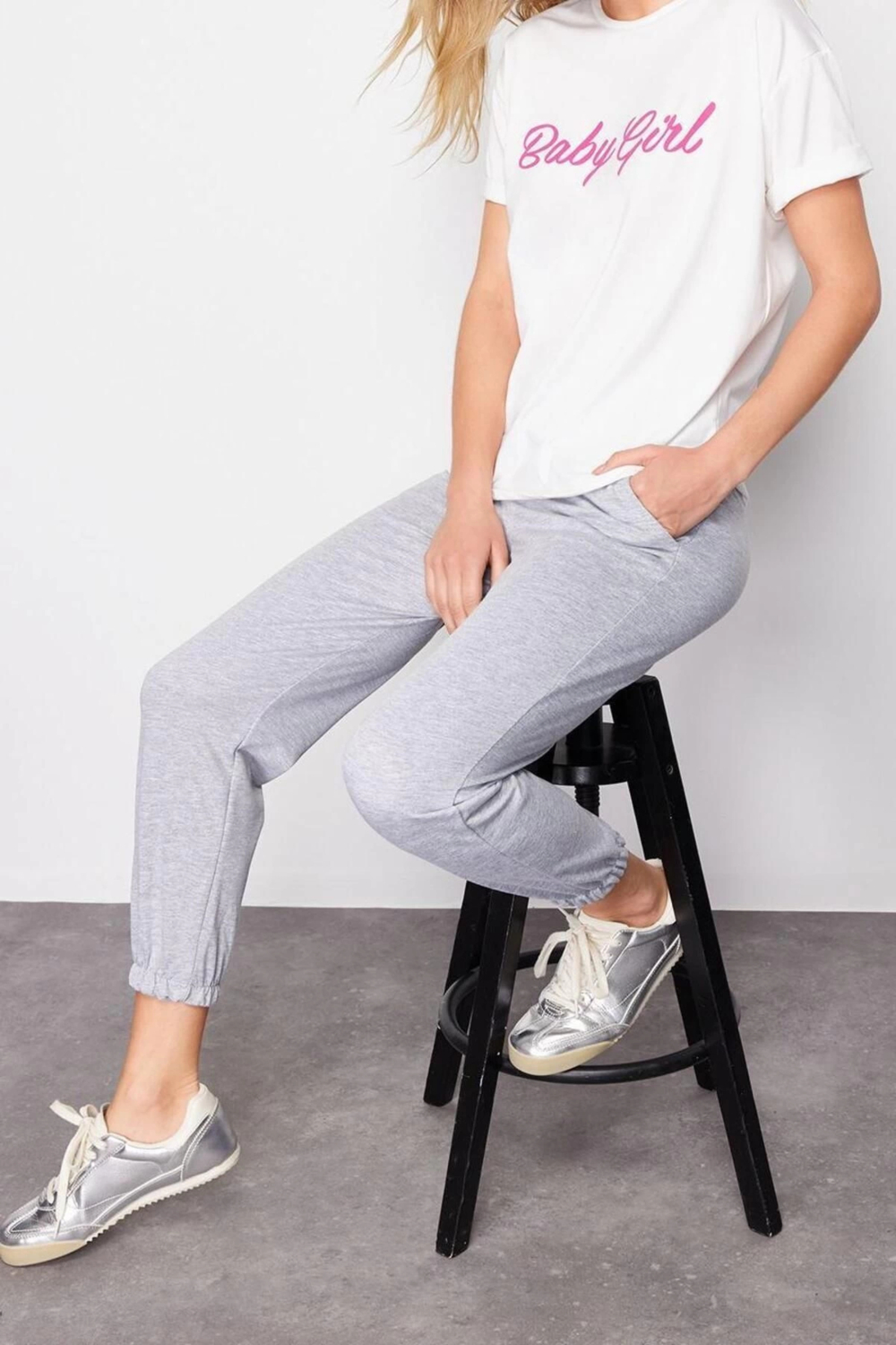Moda Slogan Bisiklet Yaka Casual Günlük Yeşil Slogan Baskılı Basic Jogger Örme Örme Alt-Üst Takım