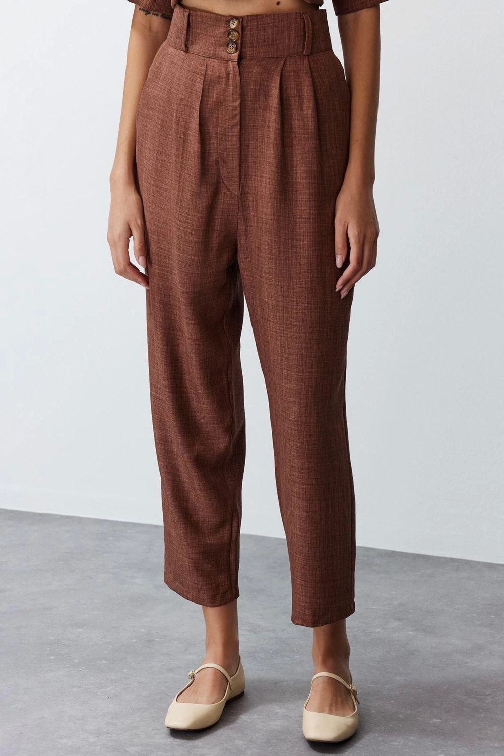 Moda Örme Düz Bisiklet Yaka Casual Günlük Keten Görünümlü Şalvar Kalıp Havuç Pantolon Alt&Üst Takım