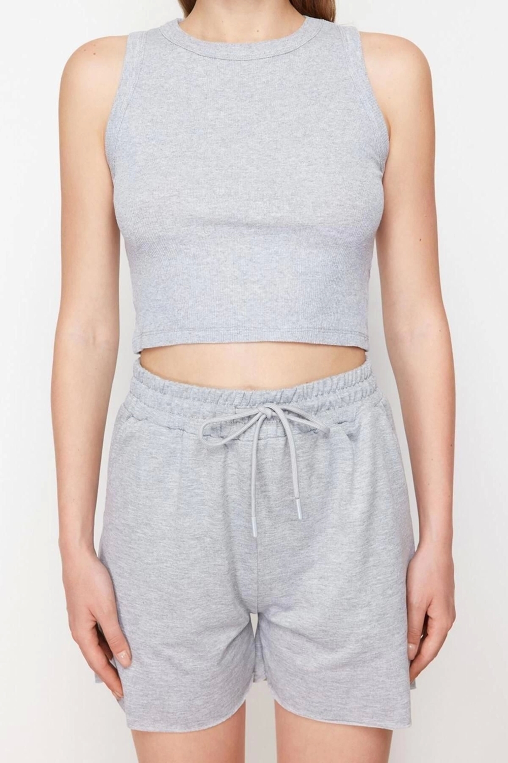 Moda Örme Düz Bisiklet Yaka Casual Günlük Gri Melanj Örme Alt-Üst Takım