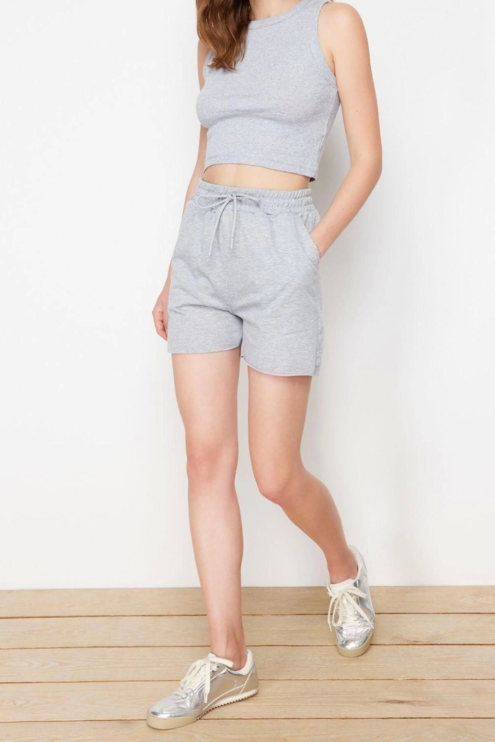 Moda Örme Düz Bisiklet Yaka Casual Günlük Gri Melanj Örme Alt-Üst Takım