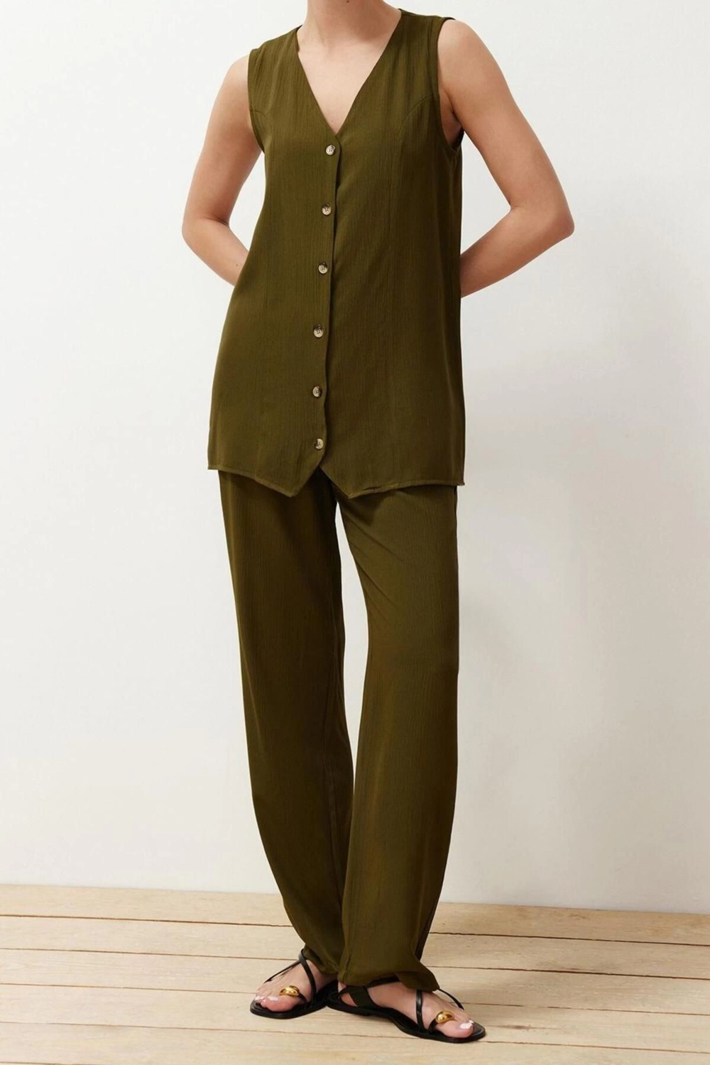Moda Dokuma Düz V Yaka Casual Günlük Düğmeli V Yaka Geniş Kesim Yelek Pantolon Dokuma Alt-Üst Takım