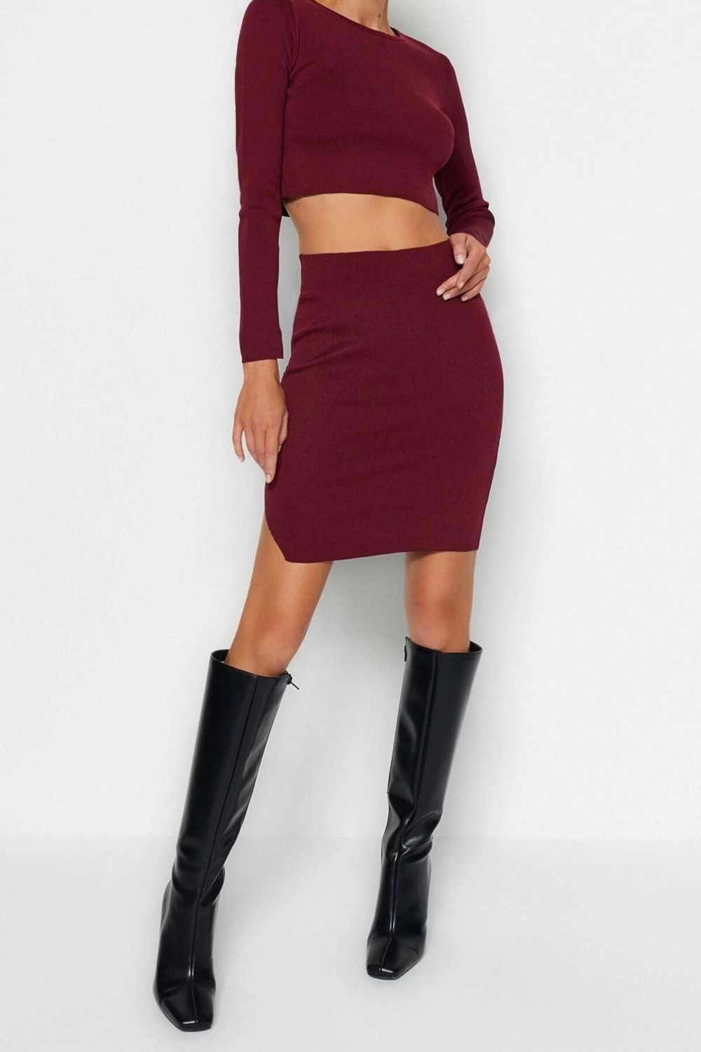 Moda Dokuma Yüksek Bel Düz Bisiklet Yaka Günlük Bordo Süper Crop Etekli Triko Alt-Üst Takım