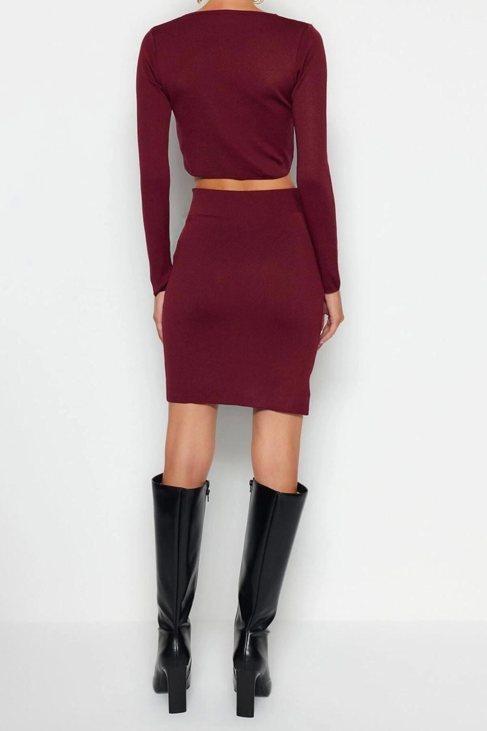 Moda Dokuma Yüksek Bel Düz Bisiklet Yaka Günlük Bordo Süper Crop Etekli Triko Alt-Üst Takım