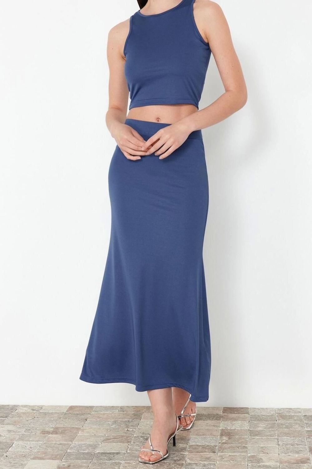 Moda Halter Yaka Casual Günlük Indigo Crop Fitted Vücuda Oturan Sıfır Kol Esnek Örme Alt-Üst Takım