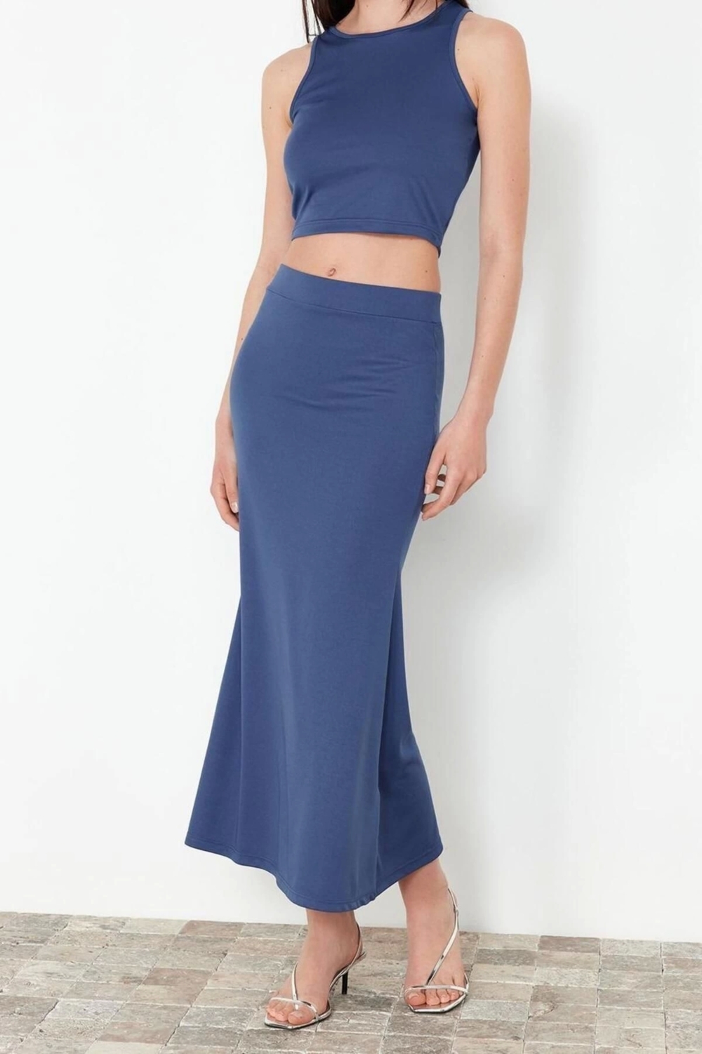 Moda Halter Yaka Casual Günlük Indigo Crop Fitted Vücuda Oturan Sıfır Kol Esnek Örme Alt-Üst Takım