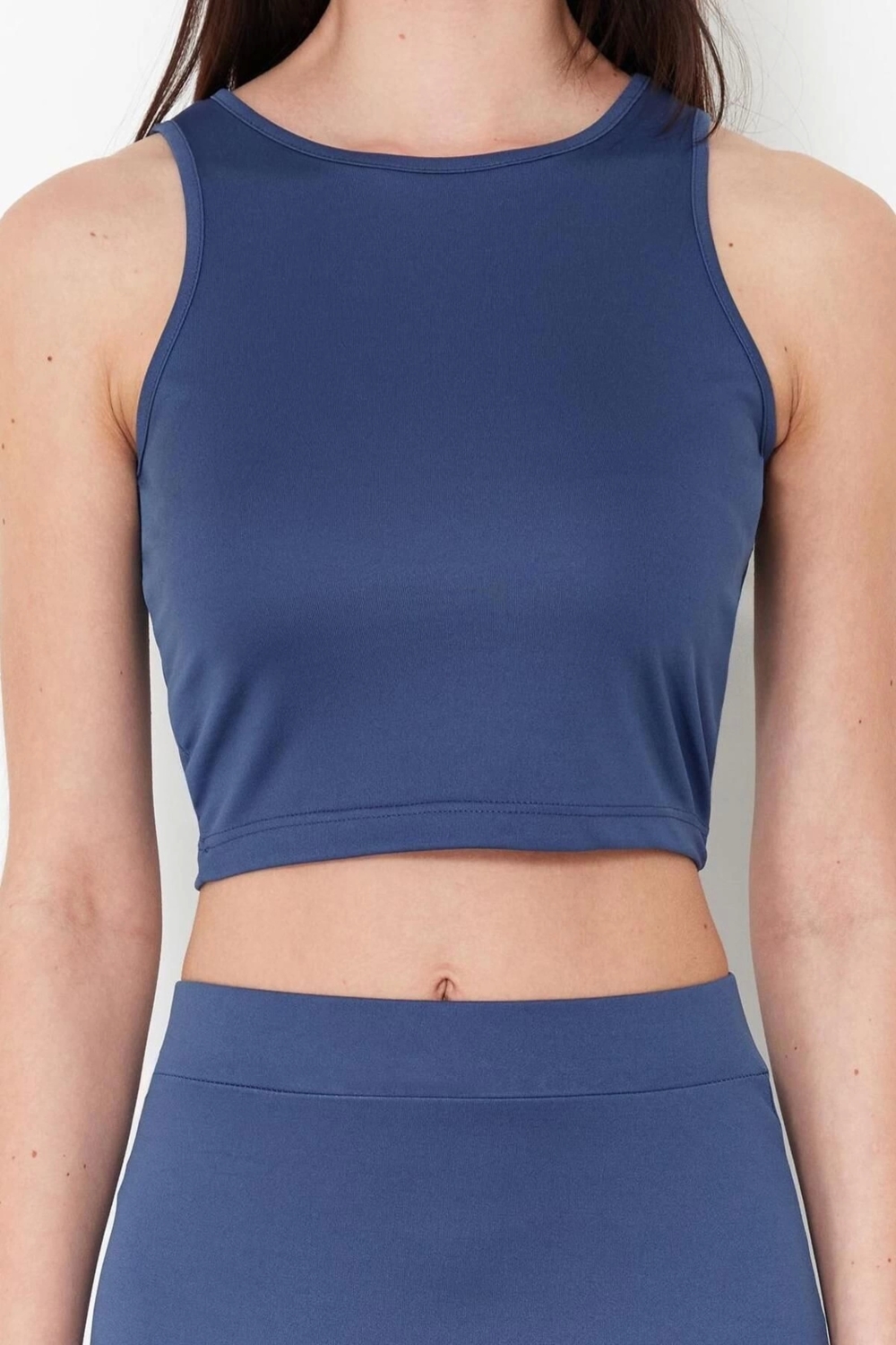 Moda Halter Yaka Casual Günlük Indigo Crop Fitted Vücuda Oturan Sıfır Kol Esnek Örme Alt-Üst Takım