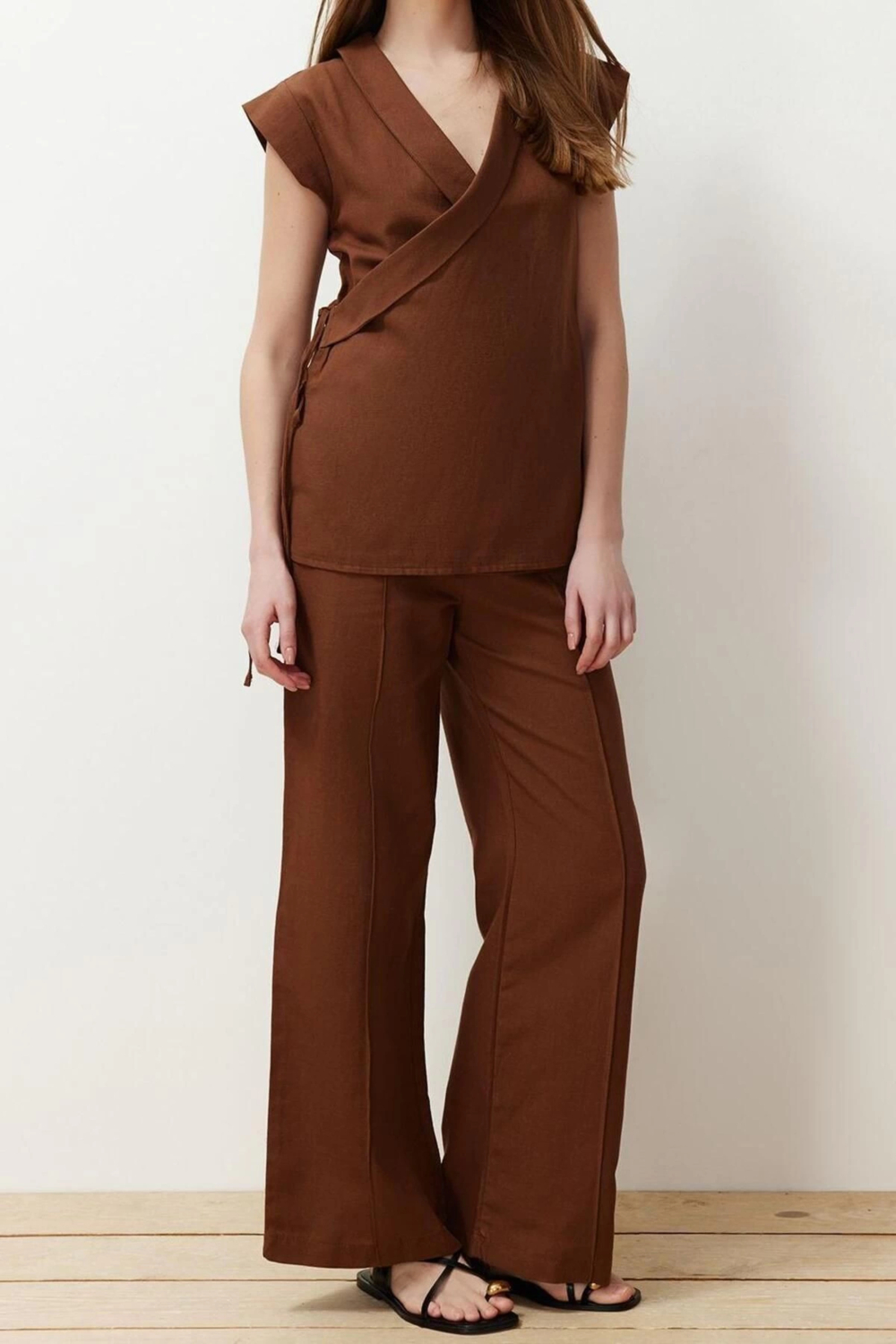 Moda Dokuma Düz Kruvaze Casual Günlük Kruvaze Bağlama Detaylı Dokuma Alt-Üst Takım
