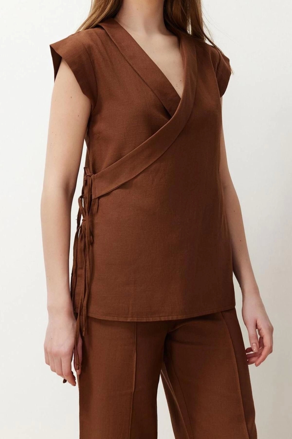 Moda Dokuma Düz Kruvaze Casual Günlük Kruvaze Bağlama Detaylı Dokuma Alt-Üst Takım
