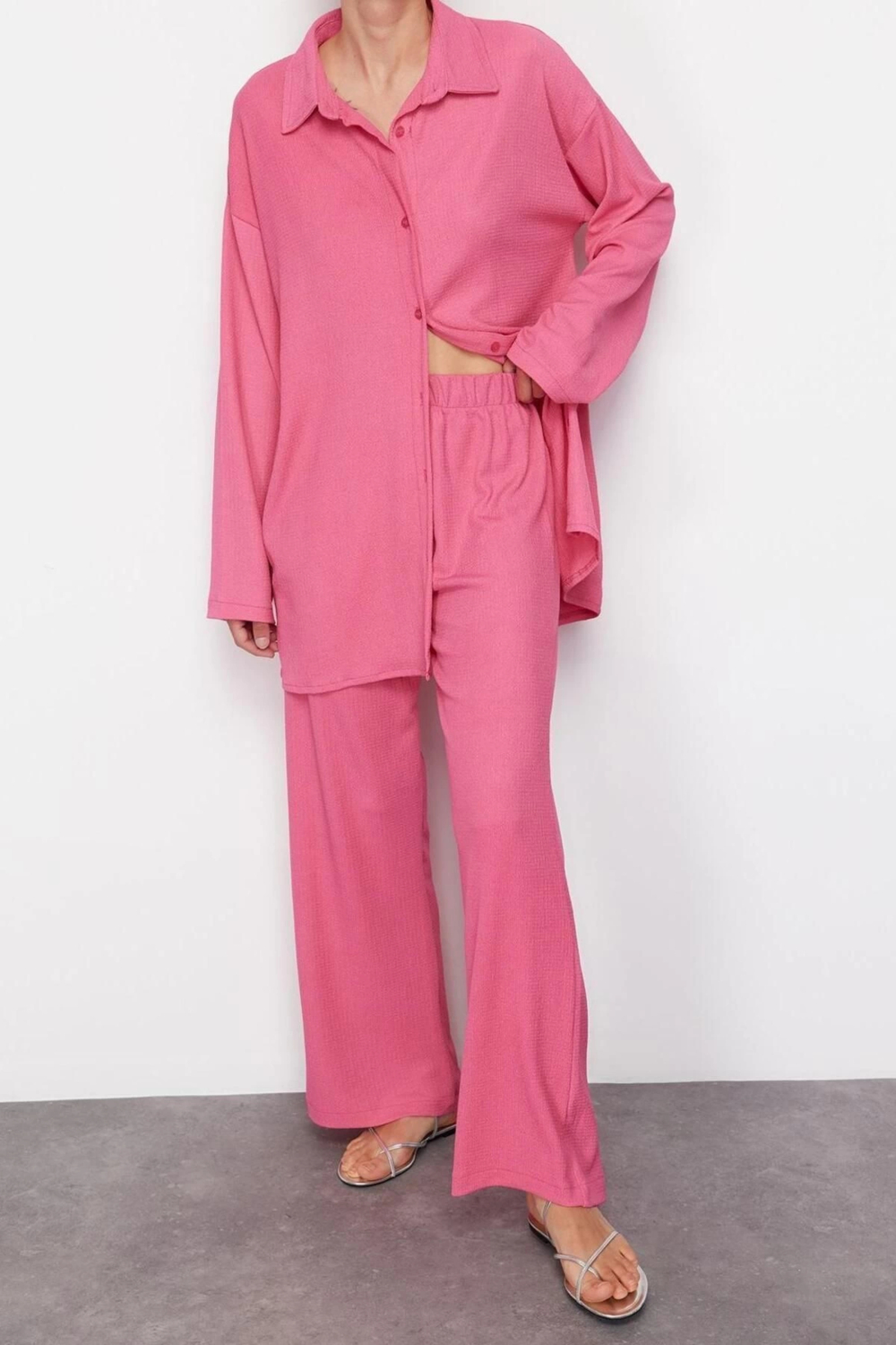 Moda Dokuma Düz Gömlek Yaka Casual Günlük Açık Pembe Dokuma Alt-Üst Takım