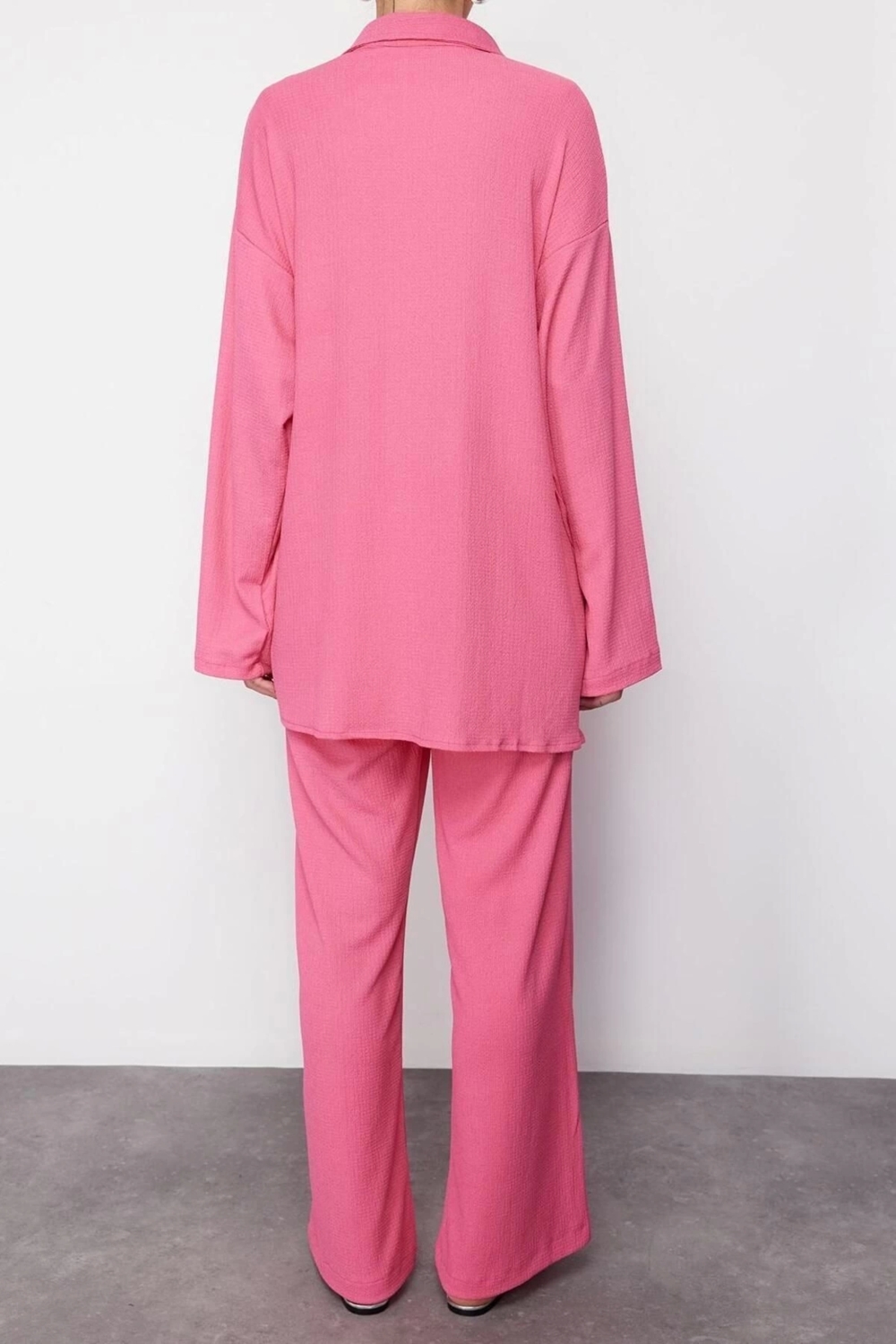 Moda Dokuma Düz Gömlek Yaka Casual Günlük Açık Pembe Dokuma Alt-Üst Takım