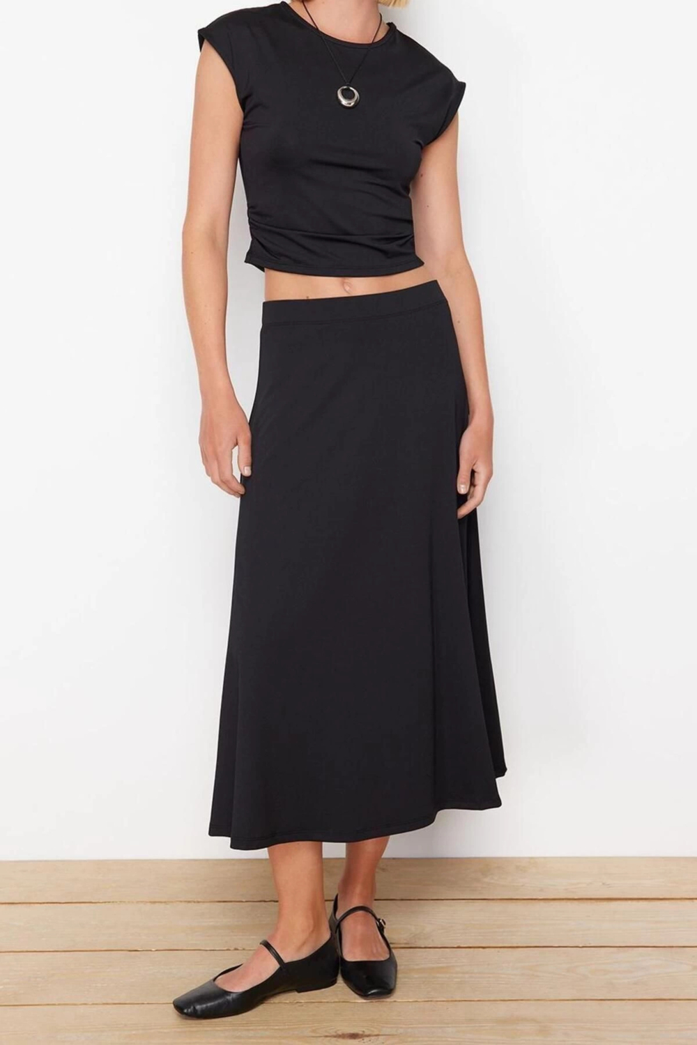 Moda Örme Düz Bisiklet Yaka Ay Kol Casual Günlük Siyah Büzgü Detaylı Crop Örme Alt-Üst Takım
