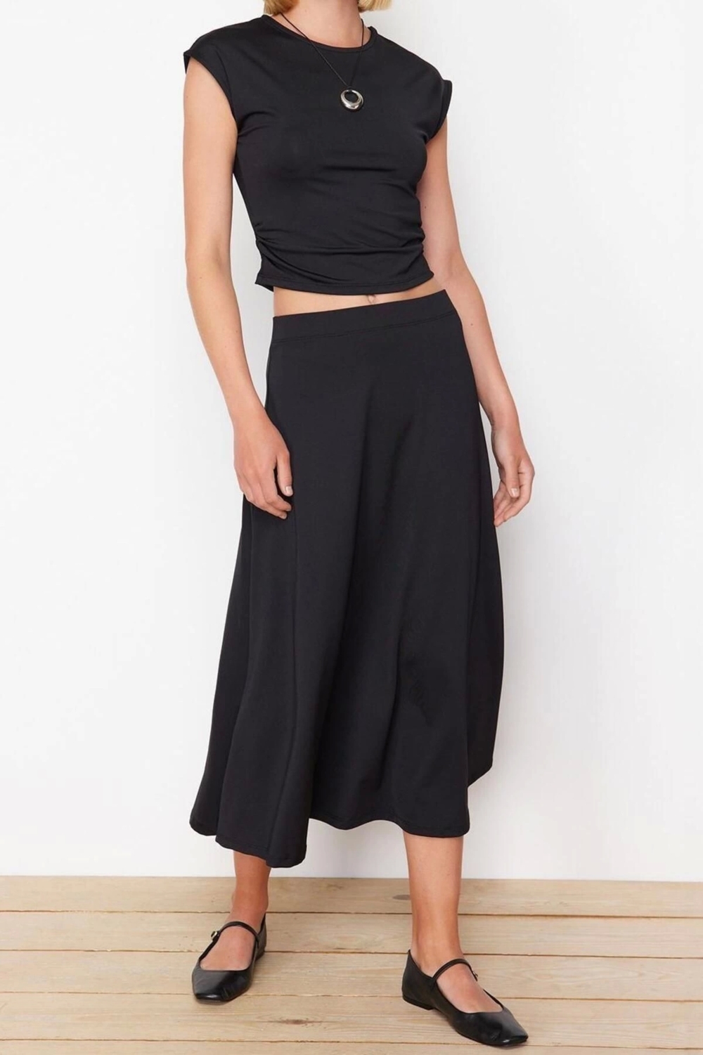 Moda Örme Düz Bisiklet Yaka Ay Kol Casual Günlük Siyah Büzgü Detaylı Crop Örme Alt-Üst Takım