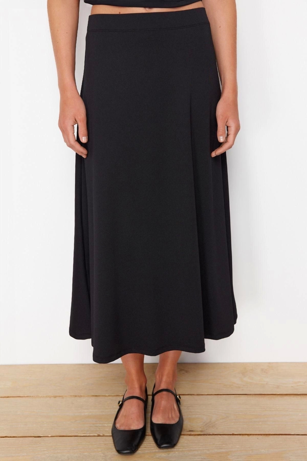 Moda Örme Düz Bisiklet Yaka Ay Kol Casual Günlük Siyah Büzgü Detaylı Crop Örme Alt-Üst Takım