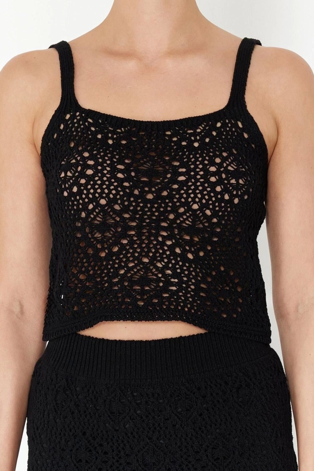Moda Triko Ajurlu Kare Yaka Casual Günlük Taş Ajurlu Delikli Triko Alt-Üst Takım