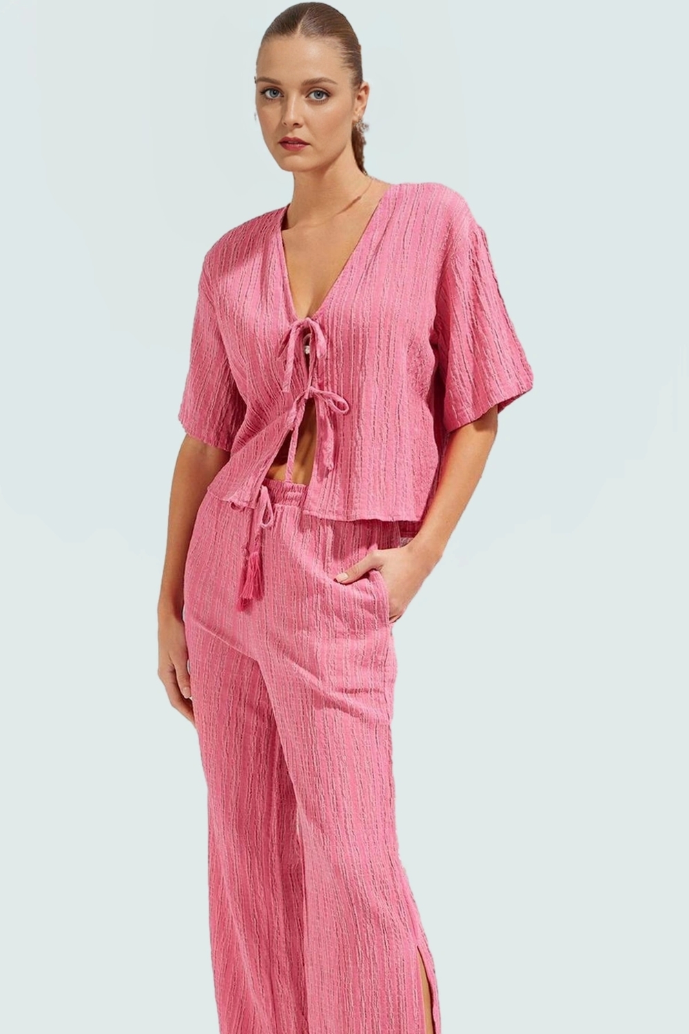 Plaj Şıklığı Dokuma Keten Karışımlı Rahat Pantolon Takım Trend Tasarım Modern Stil