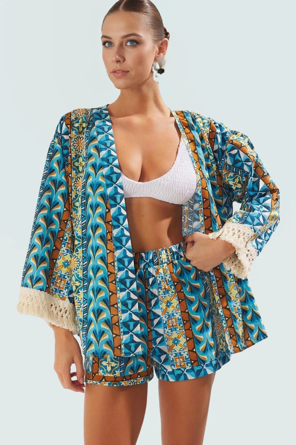 Plaj Kimono Şort Takım Çok Etnik Desenli Pamuklu Yazlık Rahat Şık Görünüm Dayanıklı Malzeme