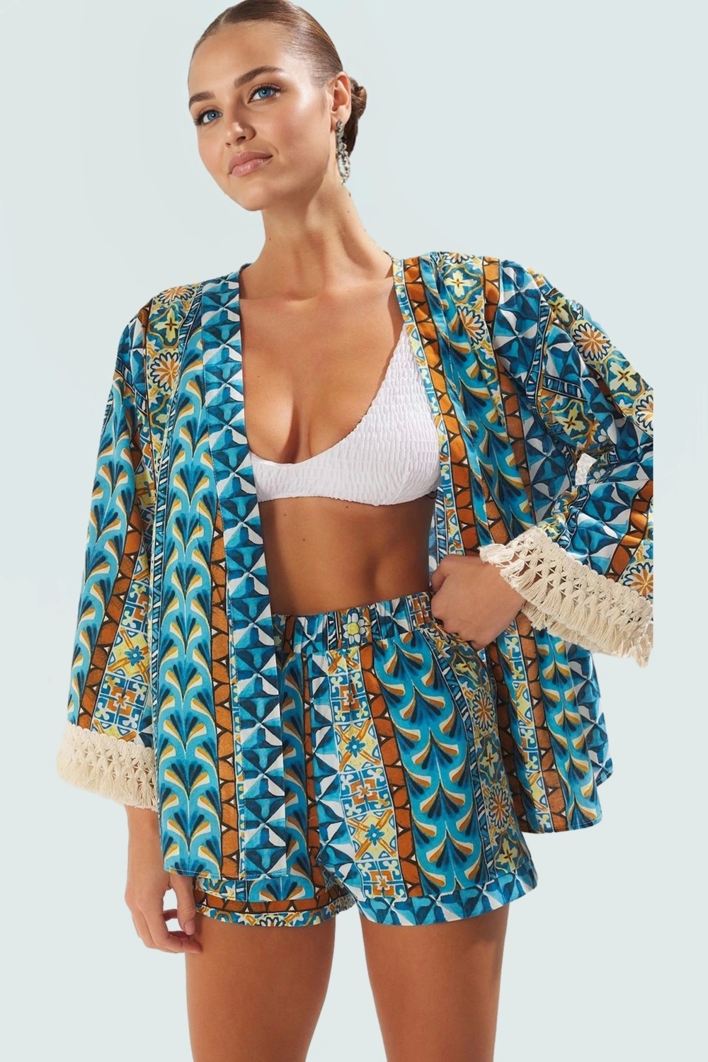 Plaj Kimono Şort Takım Çok Etnik Desenli Pamuklu Yazlık Rahat Şık Görünüm Dayanıklı Malzeme