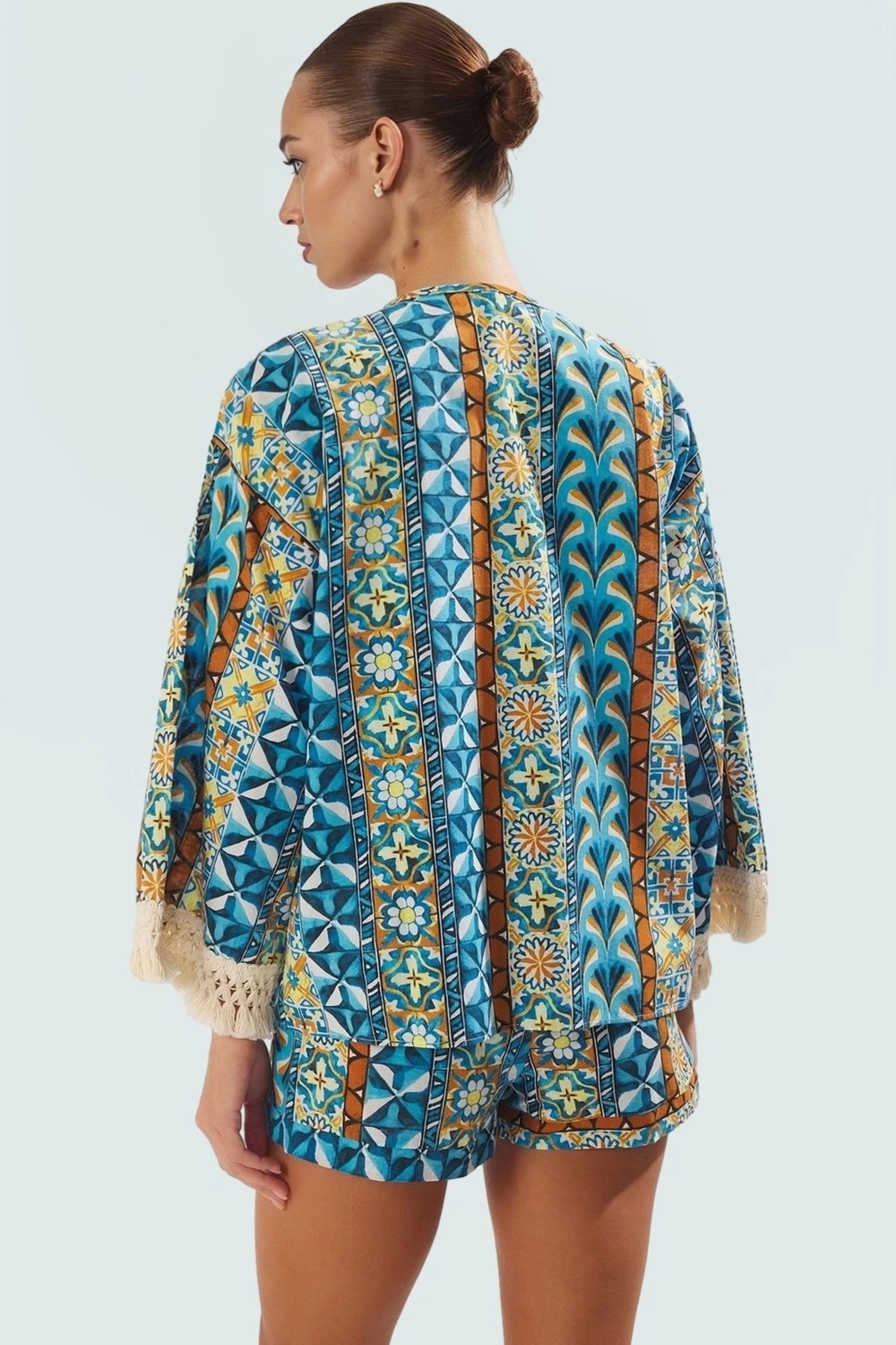 Plaj Kimono Şort Takım Çok Etnik Desenli Pamuklu Yazlık Rahat Şık Görünüm Dayanıklı Malzeme