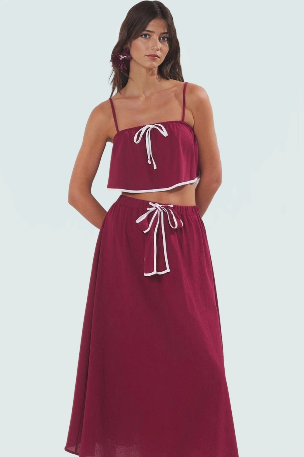 Pamuklu Dokuma Bluz Etek Takım Yazlık Plaj Şıklığı Şık Görünüm Modern Stil Dayanıklı Malzeme