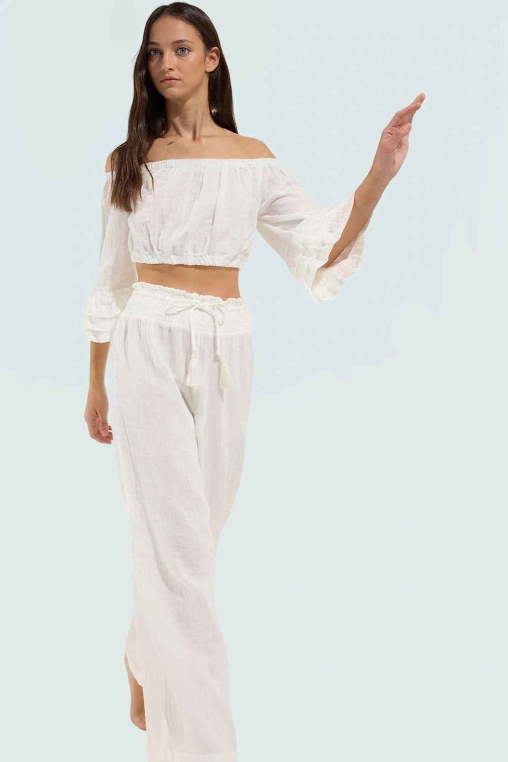 Pamuklu Carmen Yaka Bluz Pantolon Takım Dokuma Kumaş Yazlık Rahat Modern Stil