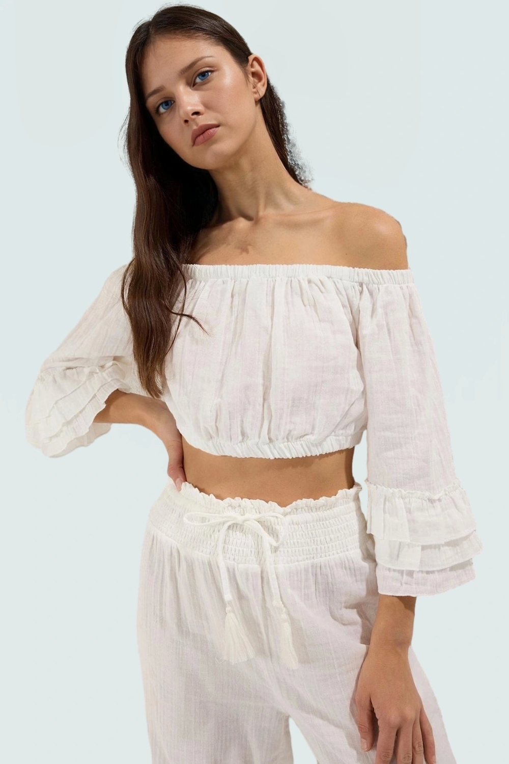 Pamuklu Carmen Yaka Bluz Pantolon Takım Dokuma Kumaş Yazlık Rahat Modern Stil