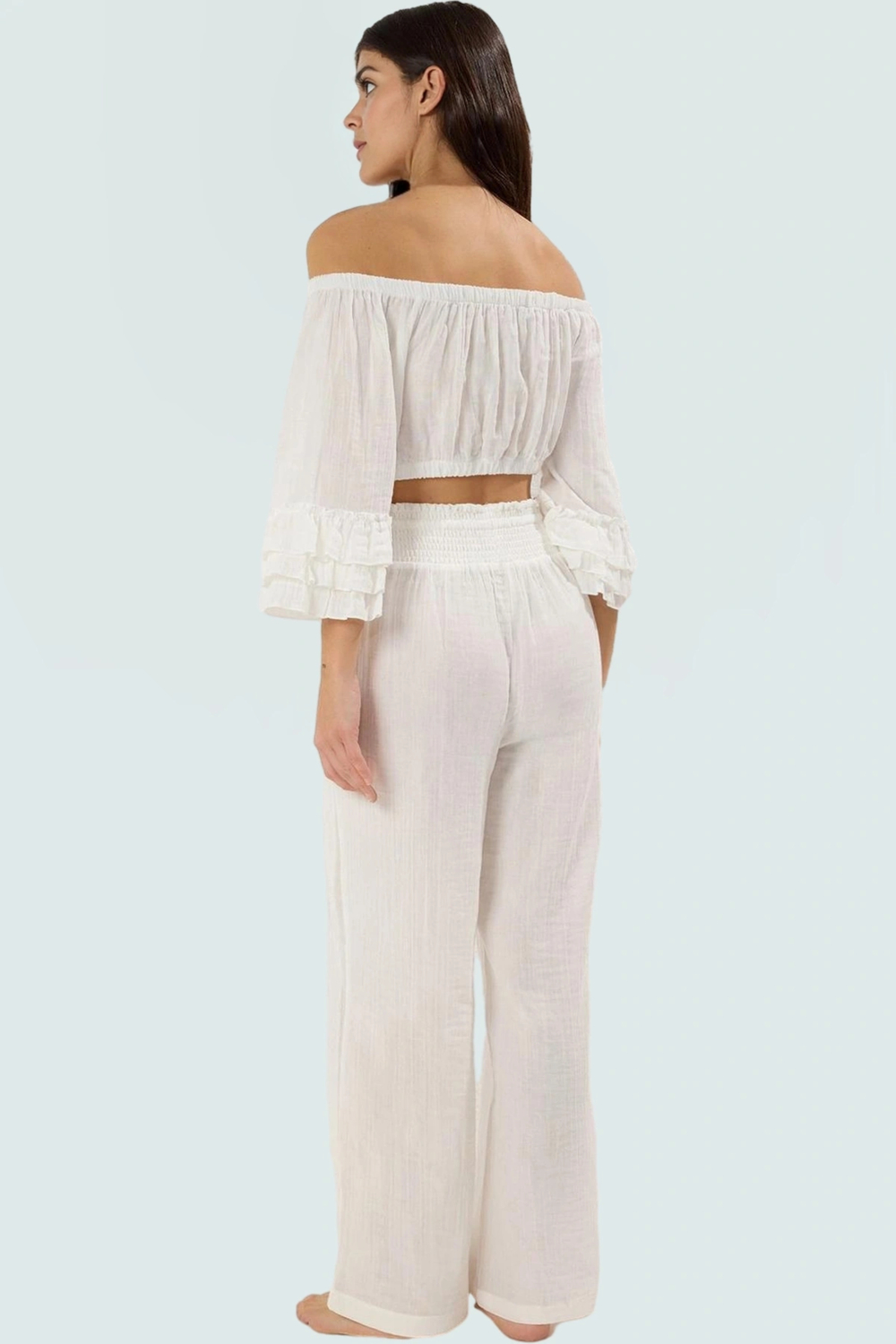 Pamuklu Carmen Yaka Bluz Pantolon Takım Dokuma Kumaş Yazlık Rahat Modern Stil