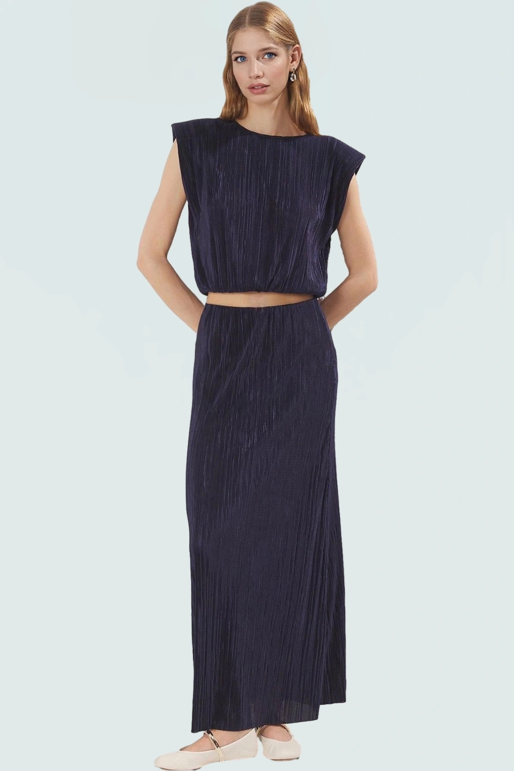 Plise Detaylı Polyester Örme Yazlık Kadın Bluz Etek Takım Günlük Kullanım İçin
