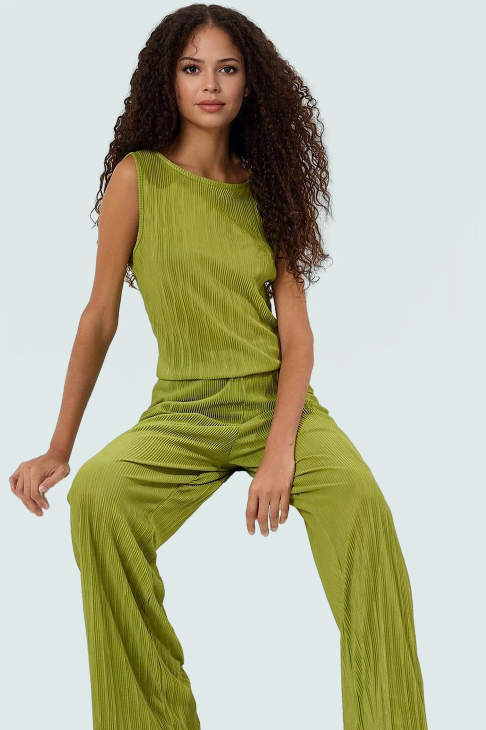 Rahat ve Şık Pilise Örme Pantolon Bluz Takım Polyester Özenle Seçilmiş Konforlu Kesim