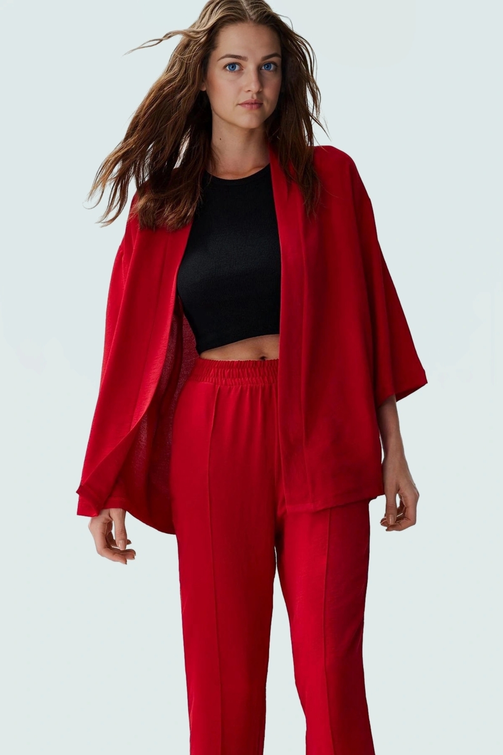 Şık Kimono Pantolon Takım; Polyester Dokuma Kumaş Regular Kalıp Trend Tasarım