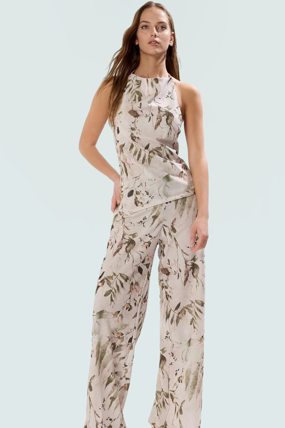 Rahat Geniş Paça Çok Çiçek Baskılı Kolsuz Örme Takım Elbise Yazlık Modern Stil Trend Tasarım